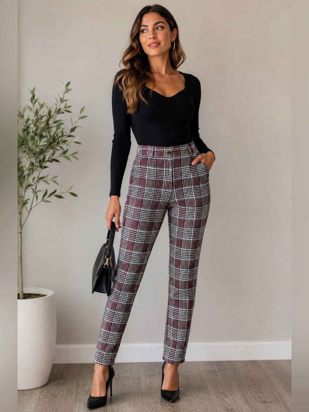 Like an Angel Plaid Stretch Pants Burgundy Black White Size L